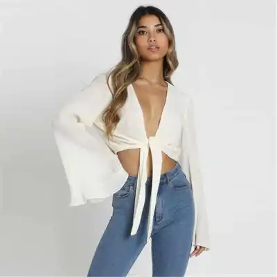 S-XL Women Sexy Deep V Solid Color Knot Flare Sleeve Crop Top