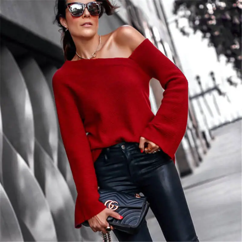 S-2XL Women Sexy Cool-shoulder Trumpet Sleeve Pullover Knitwear