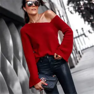 S-2XL Women Sexy Cool-shoulder Trumpet Sleeve Pullover Knitwear