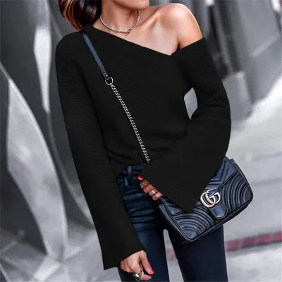 S-2XL Women Sexy Cool-shoulder Trumpet Sleeve Pullover Knitwear