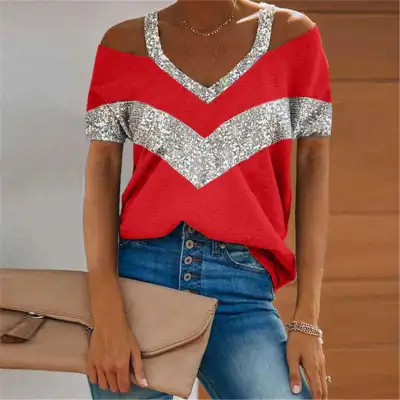 S-5XL Women Casual Color Blocking Patchwork V-Neck Short Sleeve T-Shirt