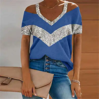 S-5XL Women Casual Color Blocking Patchwork V-Neck Short Sleeve T-Shirt