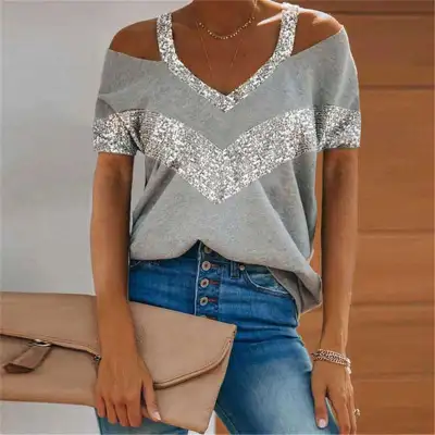 S-5XL Women Casual Color Blocking Patchwork V-Neck Short Sleeve T-Shirt
