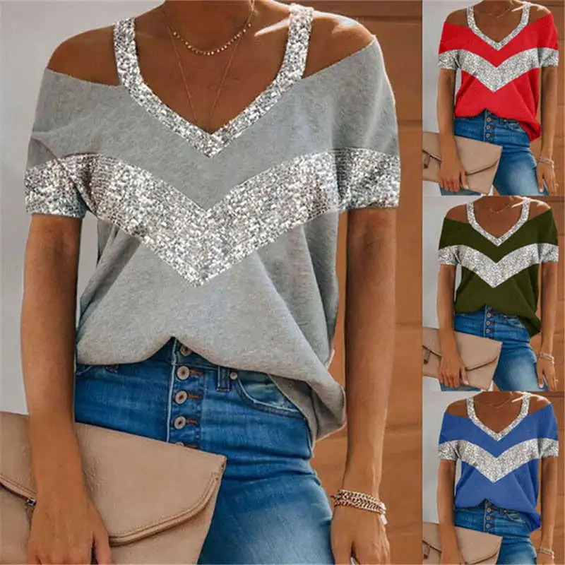 S-5XL Women Casual Color Blocking Patchwork V-Neck Short Sleeve T-Shirt