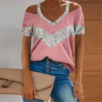 S-5XL Women Casual Color Blocking Patchwork V-Neck Short Sleeve T-Shirt