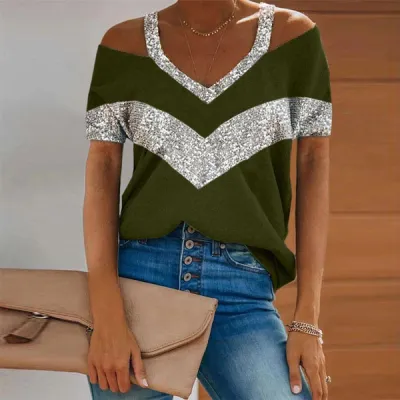 S-5XL Women Casual Color Blocking Patchwork V-Neck Short Sleeve T-Shirt