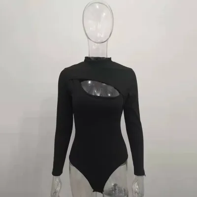 S-L Women Sexy Solid Color Cut-out Long Sleeve Bodysuit