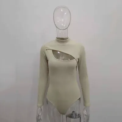 S-L Women Sexy Solid Color Cut-out Long Sleeve Bodysuit
