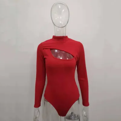 S-L Women Sexy Solid Color Cut-out Long Sleeve Bodysuit