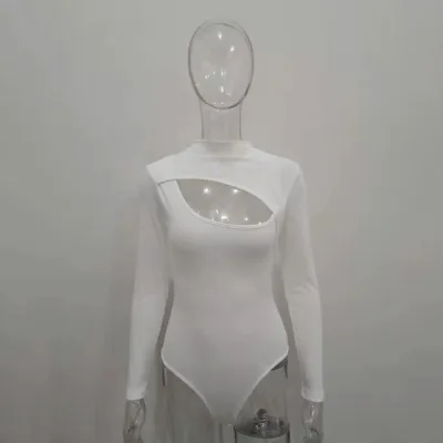 S-L Women Sexy Solid Color Cut-out Long Sleeve Bodysuit