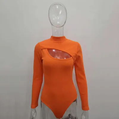 S-L Women Sexy Solid Color Cut-out Long Sleeve Bodysuit