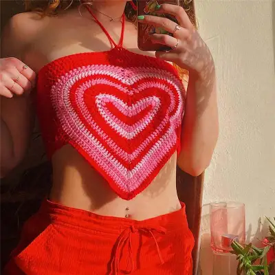 S-L Women Sexy Color Blocking Halter Neck Heart-shaped Knitwear Top