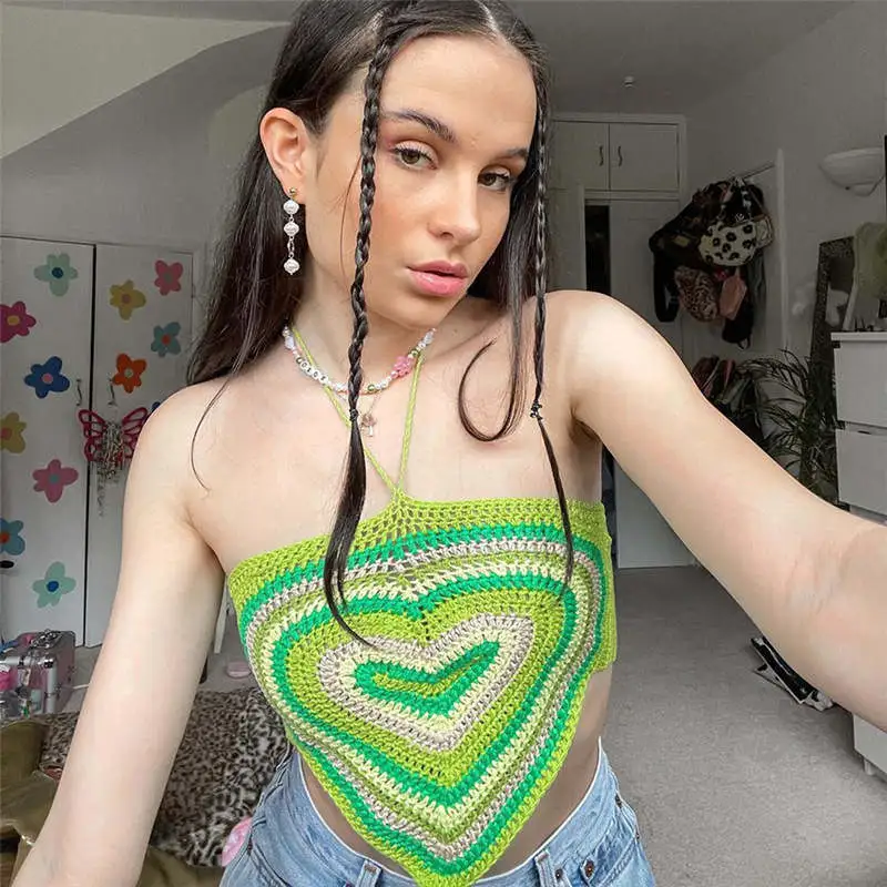 S-L Women Sexy Color Blocking Halter Neck Heart-shaped Knitwear Top