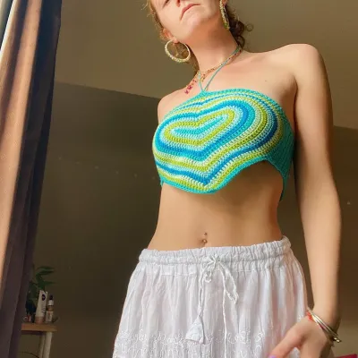 S-L Women Sexy Color Blocking Halter Neck Heart-shaped Knitwear Top