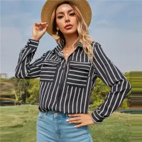 S-XL Women Fashion Lapel Stripe Printing Long Sleeve Blouse