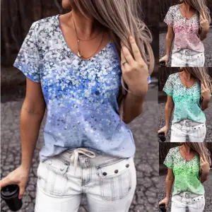 S-5XL Women Gradient Color Floral Print V-neck Bat Sleeve Loose Fit T-shirt