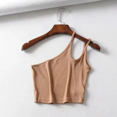 S-M Women Cotton Oblique Shoulder Crop Top Solid Color