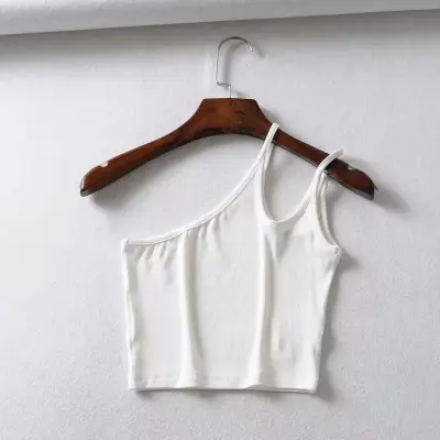 S-M Women Cotton Oblique Shoulder Crop Top Solid Color