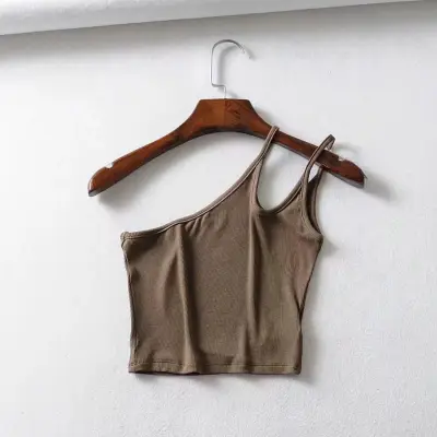 S-M Women Cotton Oblique Shoulder Crop Top Solid Color