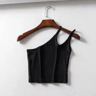S-M Women Cotton Oblique Shoulder Crop Top Solid Color