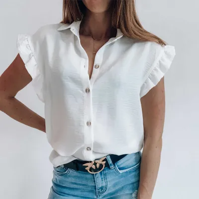 S-2XL Women Fashion Solid Color Sleeveless Ruffled Blouse