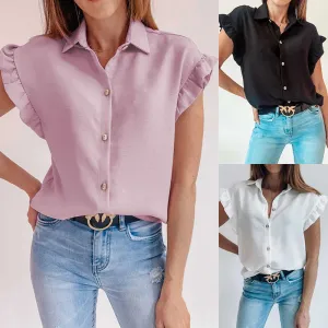 S-2XL Women Fashion Solid Color Sleeveless Ruffled Blouse
