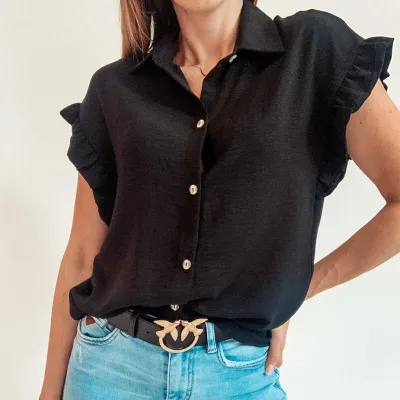 S-2XL Women Fashion Solid Color Sleeveless Ruffled Blouse
