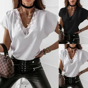 S-2XL Women Hollow Out Lace V Neck Short Sleeve Blouse