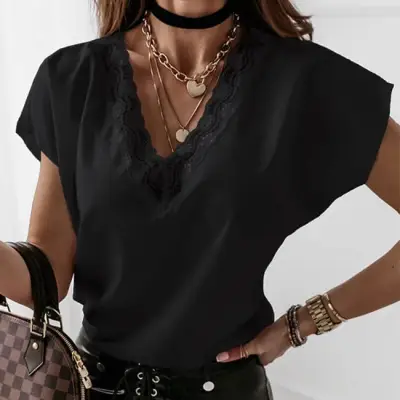 S-2XL Women Hollow Out Lace V Neck Short Sleeve Blouse