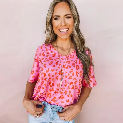 S-2XL Women's Loose Fit Leopard Print V-Neck T-Shirt Street Hipster Style