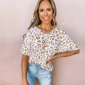S-2XL Women's Loose Fit Leopard Print V-Neck T-Shirt Street Hipster Style