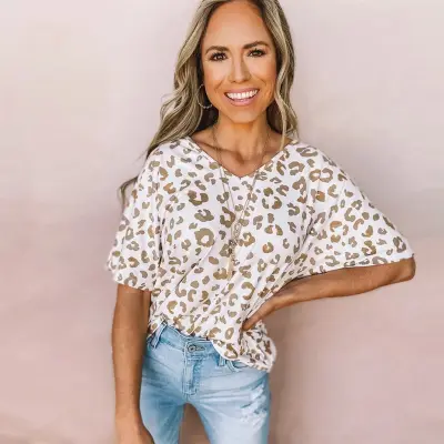 S-2XL Women's Loose Fit Leopard Print V-Neck T-Shirt Street Hipster Style