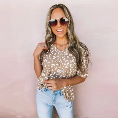 S-2XL Women's Loose Fit Leopard Print V-Neck T-Shirt Street Hipster Style