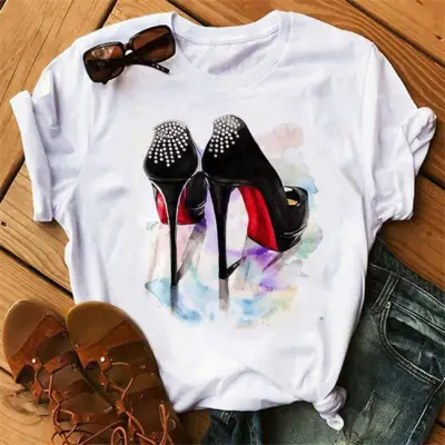 S-3XL Women Fashion High Heels Printing T-Shirt