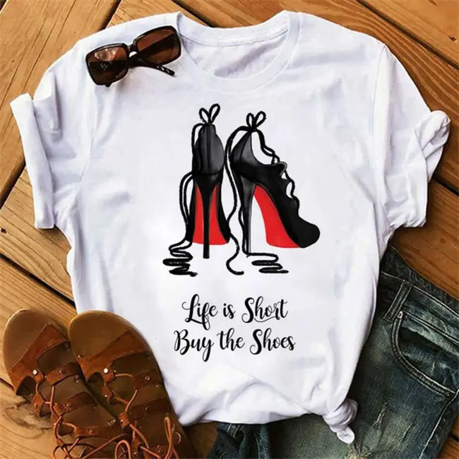 S-3XL Women Fashion High Heels Printing T-Shirt