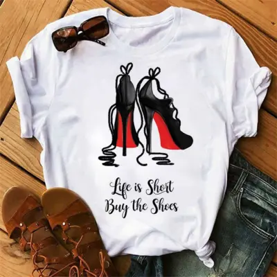 S-3XL Women Fashion High Heels Printing T-Shirt