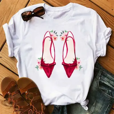 S-3XL Women Fashion High Heels Printing T-Shirt