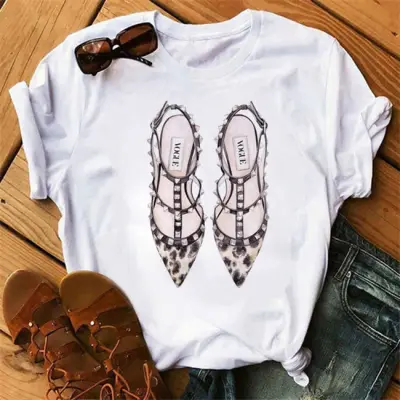 S-3XL Women Fashion High Heels Printing T-Shirt