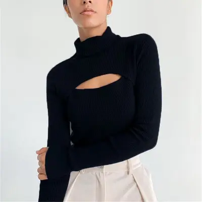S-L Women Casual Solid Color Turtle Neck Cut Out Pullover Knitwear