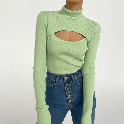 S-L Women Casual Solid Color Turtle Neck Cut Out Pullover Knitwear