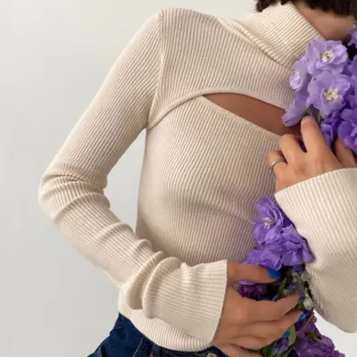 S-L Women Casual Solid Color Turtle Neck Cut Out Pullover Knitwear