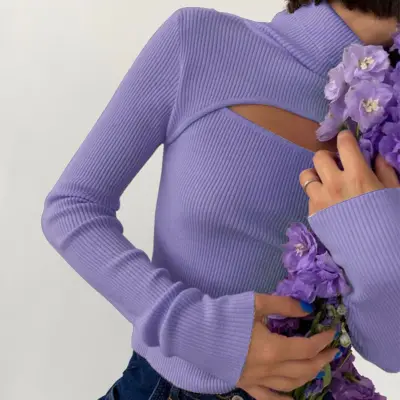 S-L Women Casual Solid Color Turtle Neck Cut Out Pullover Knitwear