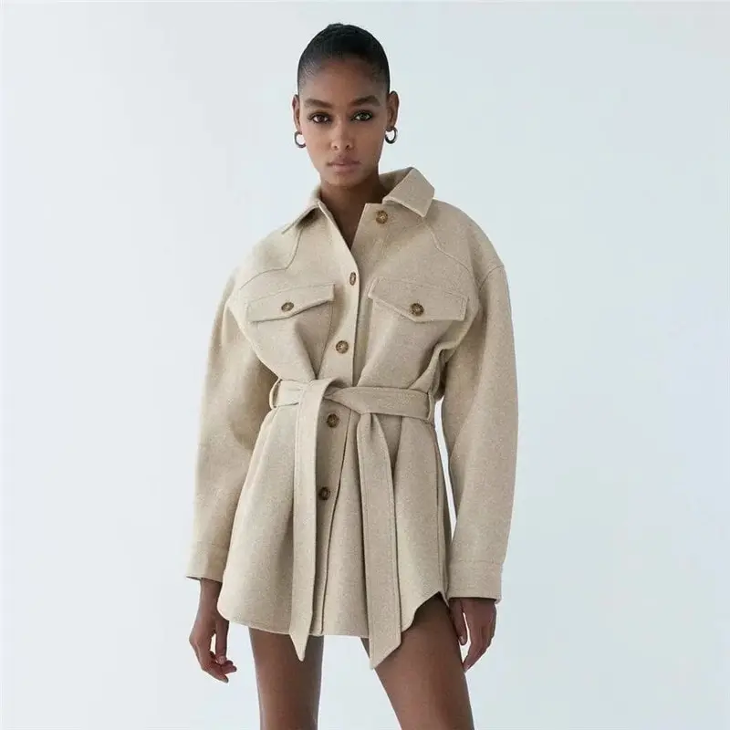 XS-L Women Casual Lapel Long-sleeve Coat With Sash