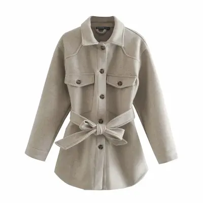XS-L Women Casual Lapel Long-sleeve Coat With Sash