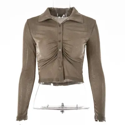 S-L Women Vintage Crease Solid Color Blouse