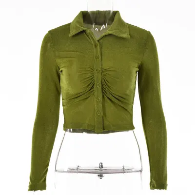 S-L Women Vintage Crease Solid Color Blouse