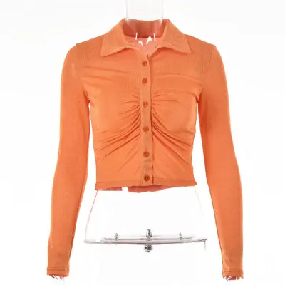 S-L Women Vintage Crease Solid Color Blouse