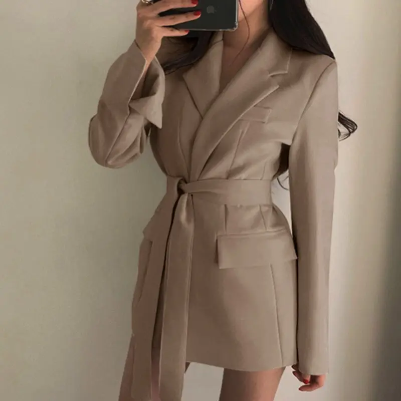S-2XL Women Casual Solid Color Lapel Sash Blazer
