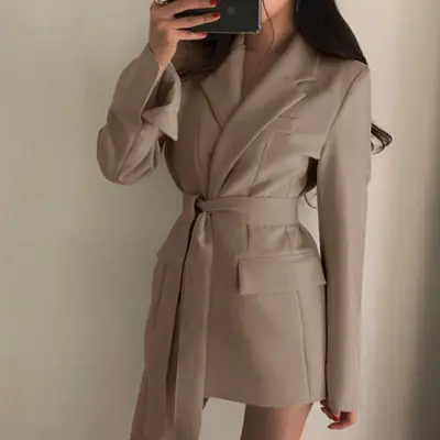 S-2XL Women Casual Solid Color Lapel Sash Blazer