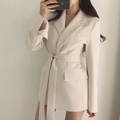 S-2XL Women Casual Solid Color Lapel Sash Blazer